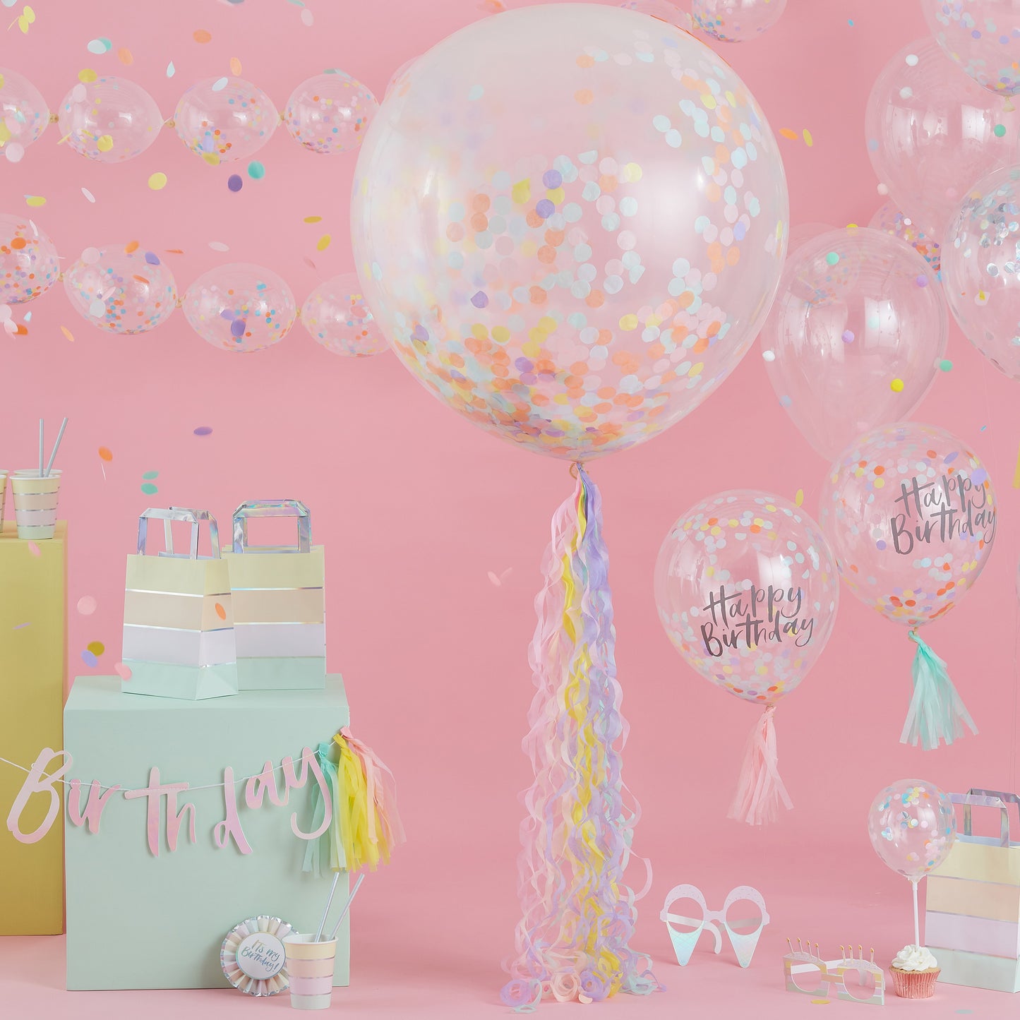 Konfetti Latexballons Pastell Transparent Happy Birthday Ginger Ray