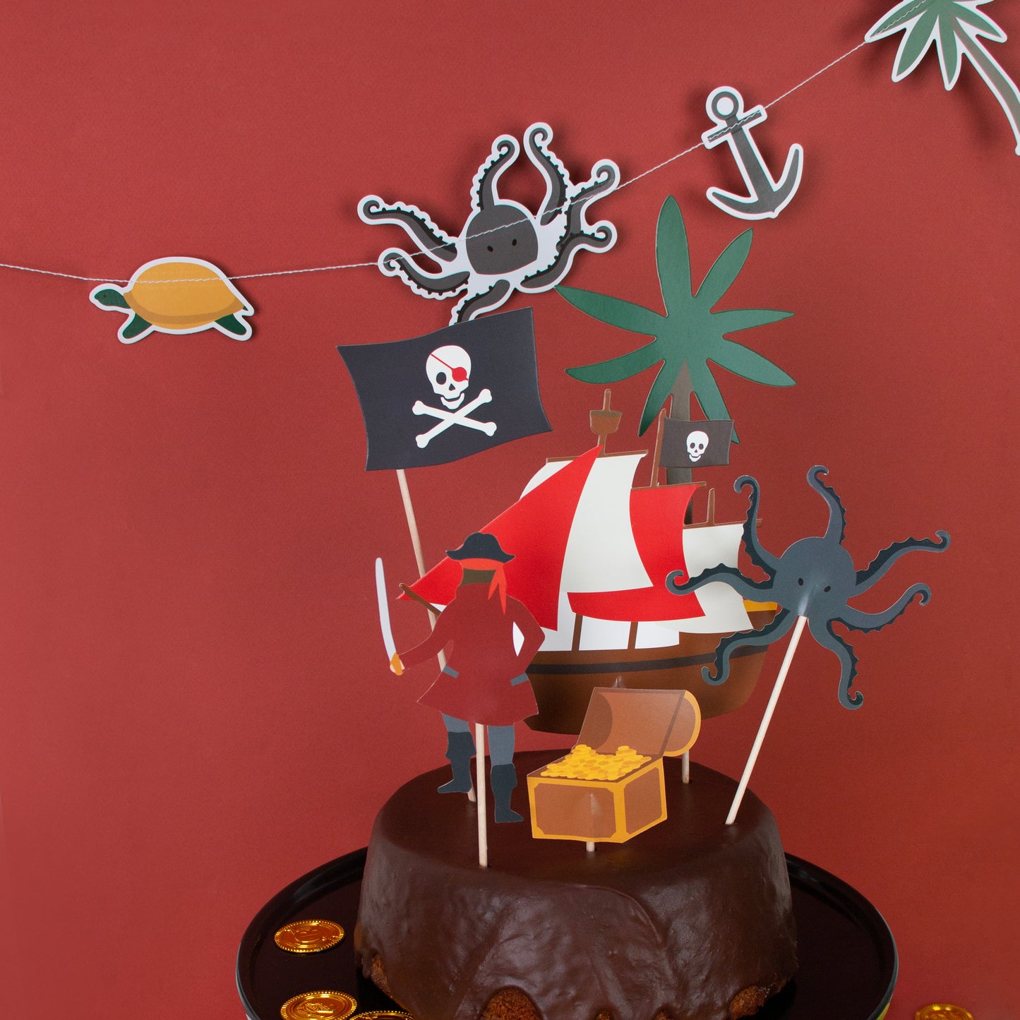 Piraten Kindergeburtstag Dekoration Caketoppper Krake Piratenschiff Totenkopf