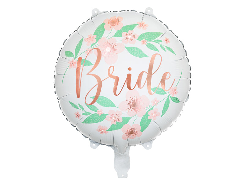 Folienballon Rund Bride in Weiss mit Schrift in Rosegold und schönem Blumenmuster