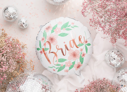 Folienballon Rund Bride in Weiss mit Schrift in Rosegold und schönem Blumenmuster